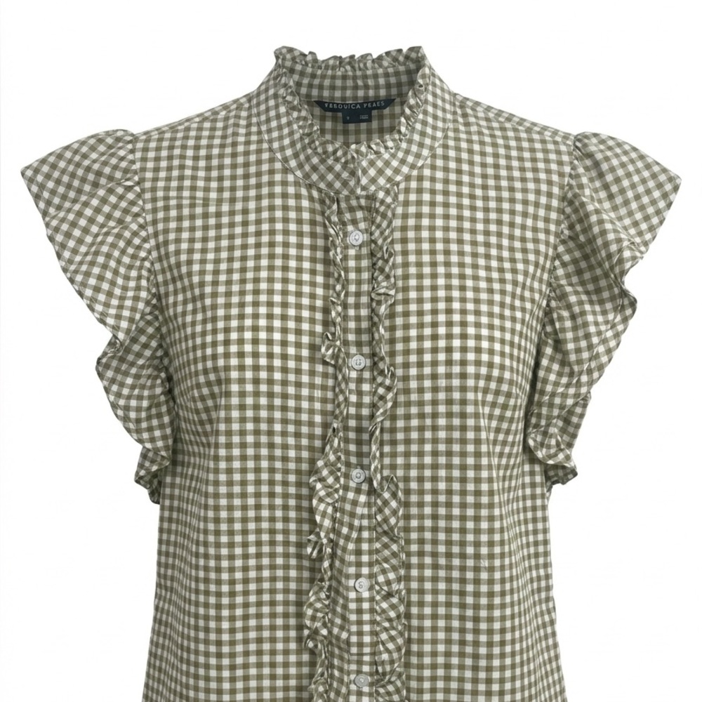 Veronica Beard Olive Check Ruffle Blouse